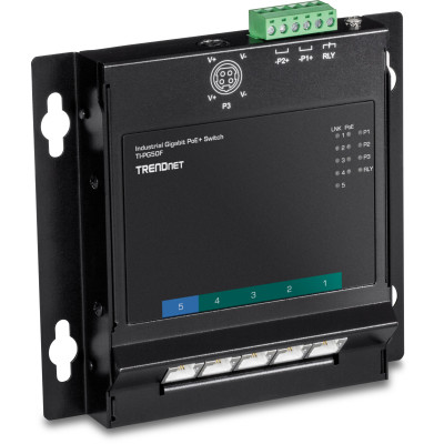 TRENDnet TI-PG50F 5-Port Gigabit Ethernet Front Access Switch, 4 Gigabit PoE+ and 1 Gigabit ports, 10 Gbps switching capacity, DIN-rail/Magnet